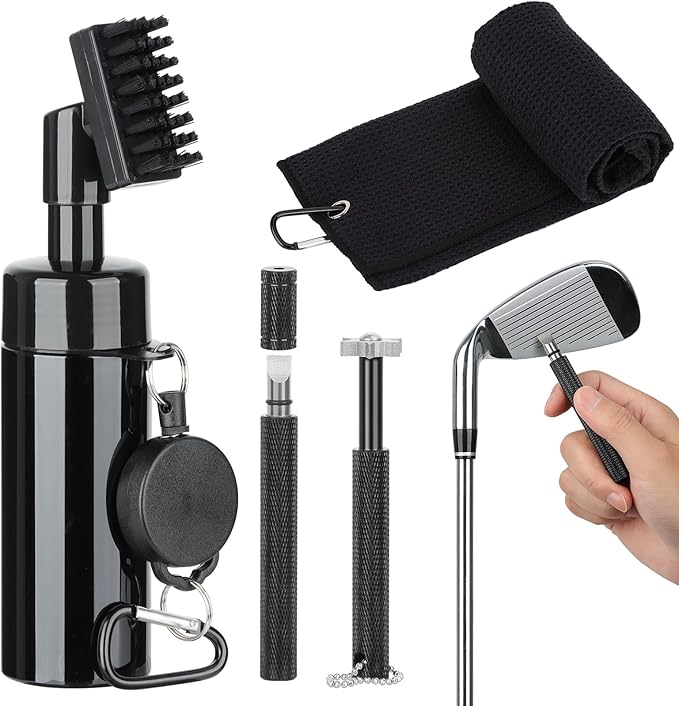 Golf Club Cleaning Kit,Golf Accessories,Golf Cleaning Kit with Golf Club Cleaner Water Brush,Towel,Divot Repair Tool,Groove Sharpener,Golf Ball Alignment Complete Golf Kit
